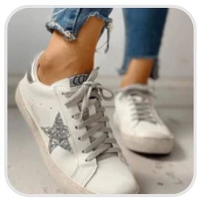 Sequins Star Design Casual Lace-Up Distressed White Sneakers size 6.5 US